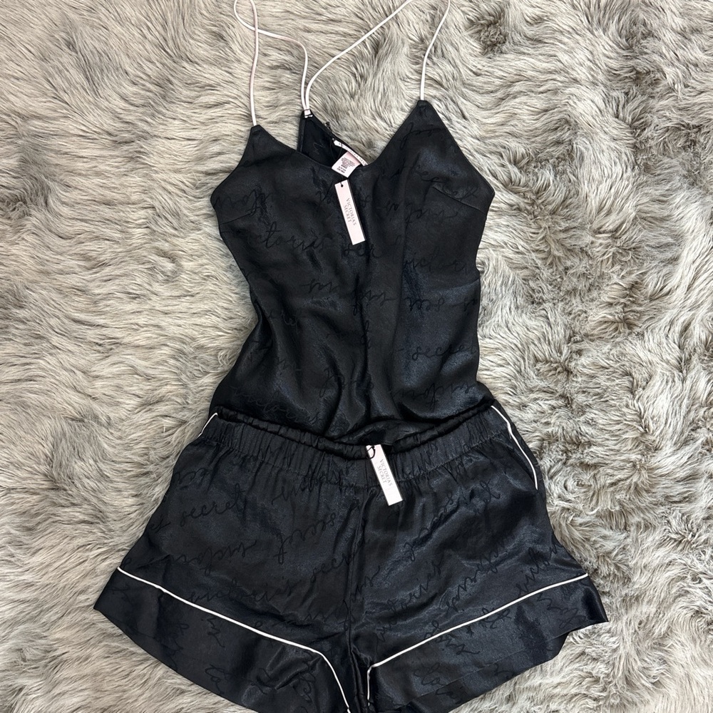 SOLD Victoria's Secret Black Satin Pajama Set with White Trim